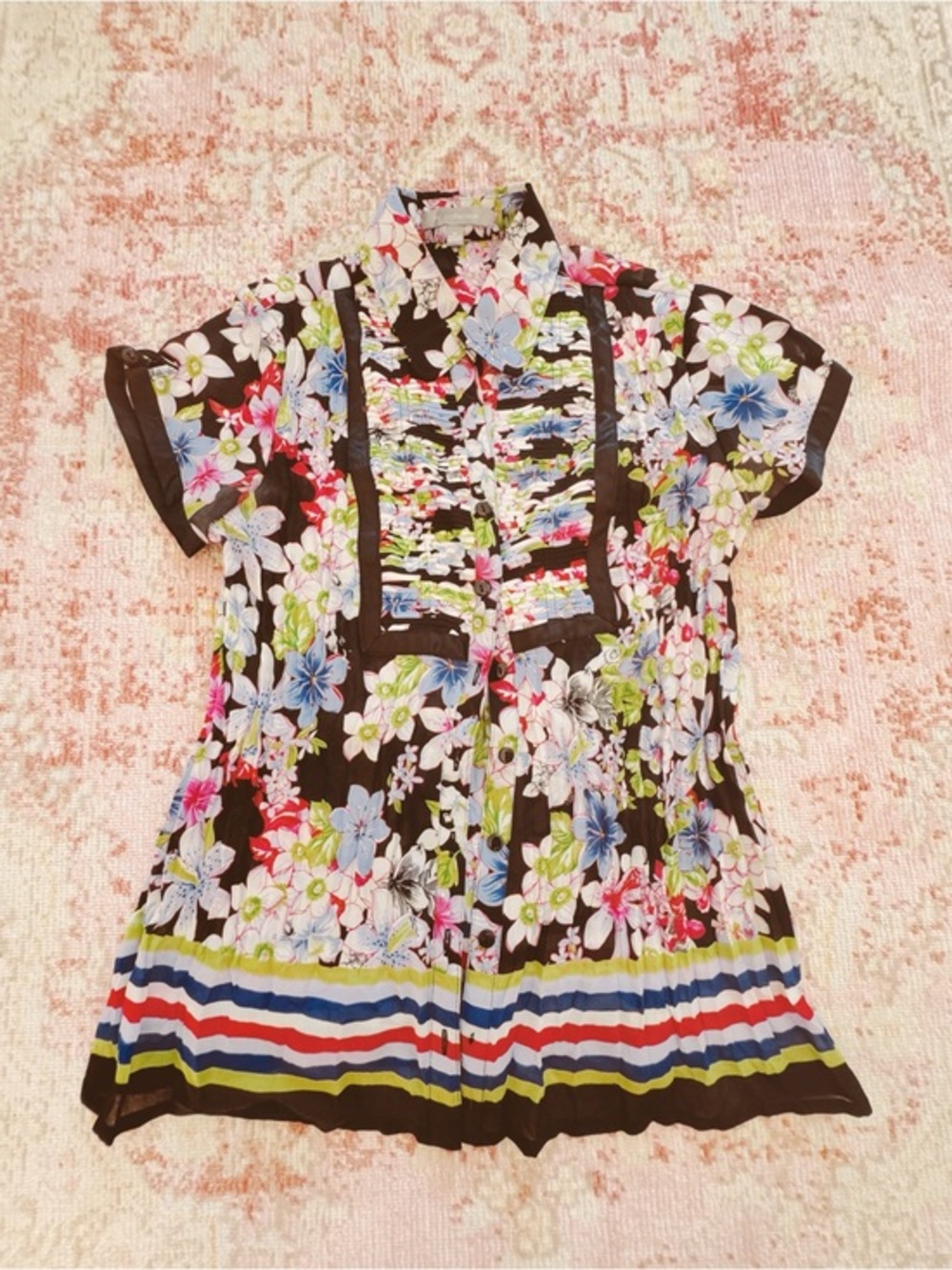 NY Collection, Women’s Floral Button-Front Short Sleeve Top - Black Multi